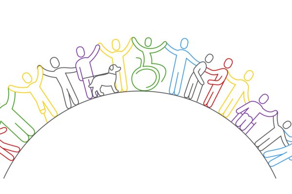 Inclusion and diversity concept. Line icon of inclusion. Line style silhouettes of people. Editable stroke.