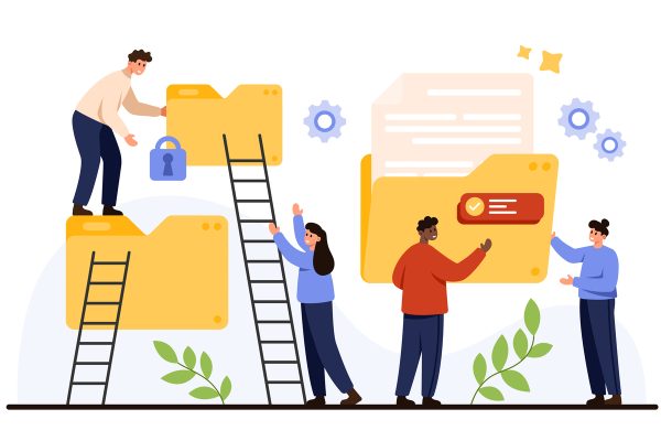 People organizing digital files, folders and secure documents with ladders, lock icon and settings symbols for teamwork, storage, access control, isolated on white background vector illustration